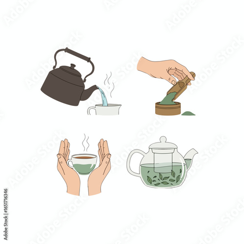 Four illustrated steps of making tea, from kettle pouring to hands holding a cup.