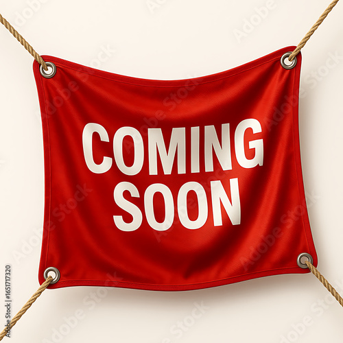 Coming Soon red banner with ropes, announcement concept