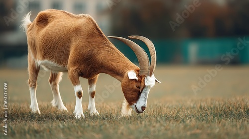 A male goat with curved horns grazing on fresh grass in a village field