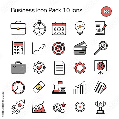 A collection of business icons representing various concepts like finance strategy time management and success in a clean modern design