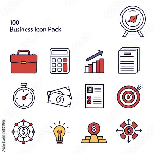 A collection of twelve modern flat design business icons representing finance growth strategy and success for presentations and websites