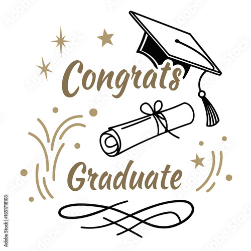 Celebrate graduation success with a tassel topped cap and diploma scroll amidst festive stars and confetti