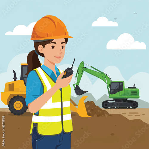 Construction workers in safety vests and hard hats gather at a busy building site with excavators and bulldozers under a warm, hazy sun.