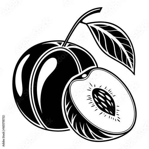 A stylized black and white illustration of a whole plum and a plum cut in half showcasing its pit and juicy flesh with a leaf