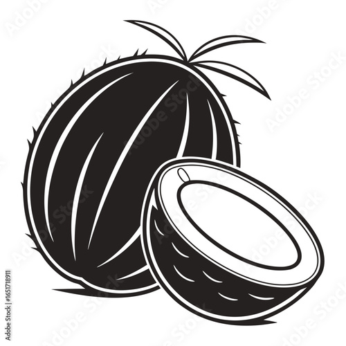 Stylized black and white illustration of a whole coconut and a halved coconut revealing its white flesh and center