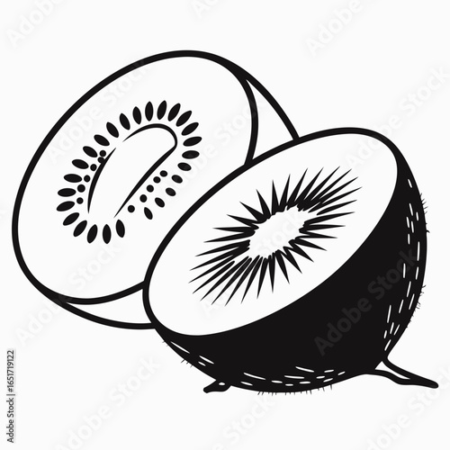 A simple black and white illustration of a kiwi fruit sliced in half revealing its distinctive seeds and flesh presented against a clean white background