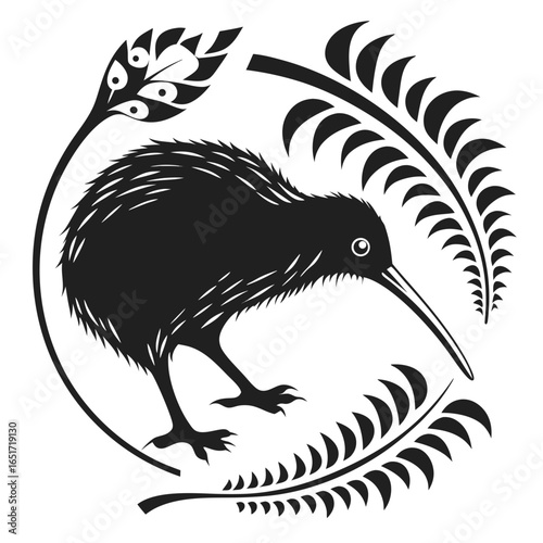 Stylized black kiwi bird silhouette surrounded by fern fronds and a circular border emblematic of new zealand culture and nature