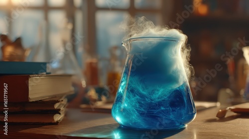 Wallpaper Mural Blue Liquid in Glass Beaker with Swirling Mist and Warm Lighting Torontodigital.ca