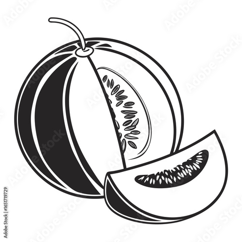 A stylized black and white illustration of a whole cantaloupe melon with a slice and a wedge showing its seeds and flesh