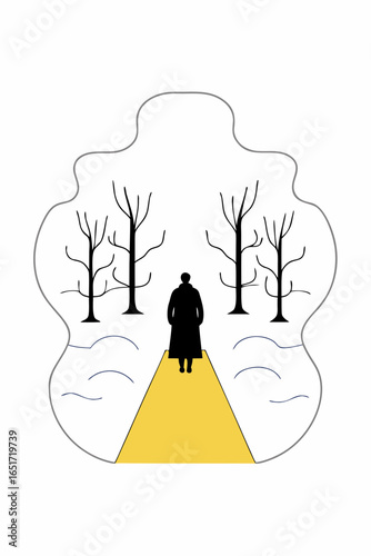 Mysterious man in long coat walks alone on yellow path through snowy forest in winter silence