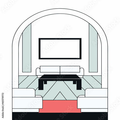 Blank picture frame on white wall with arched niche and red carpet creates minimal and elegant interior scene