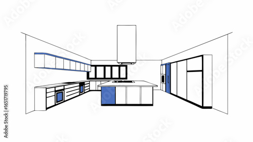 Modern kitchen interior with island, cabinetry, appliances, and minimalist design in black, white, and blue