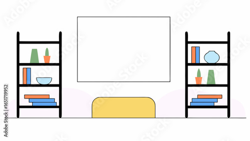 Minimalist living room with black metal shelves, colorful books, and simple decor in cozy atmosphere