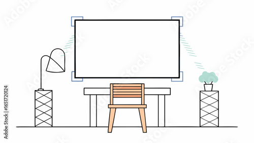 Wooden chair faces large white screen on desk, flanked by lamp and potted plant in modern setup