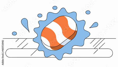 Striped orange and white soap bar splashing into water with droplets and waves in clean minimal style