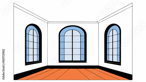 Empty room with three large arched windows, white walls, and orange wooden floor, minimal and peaceful interior