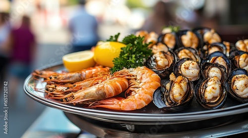 Fresh Seafood Platter with Shrimp, Scallops, and Mussels on Display