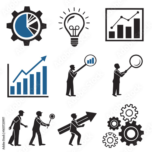 Business growth and analysis icons featuring gears charts lightbulbs and figures examining data