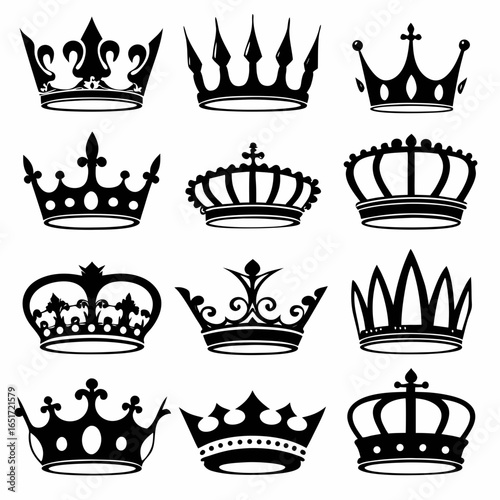 A collection of twelve distinctive black silhouette royal crowns showcasing various ornate designs and regal embellishments against a white background