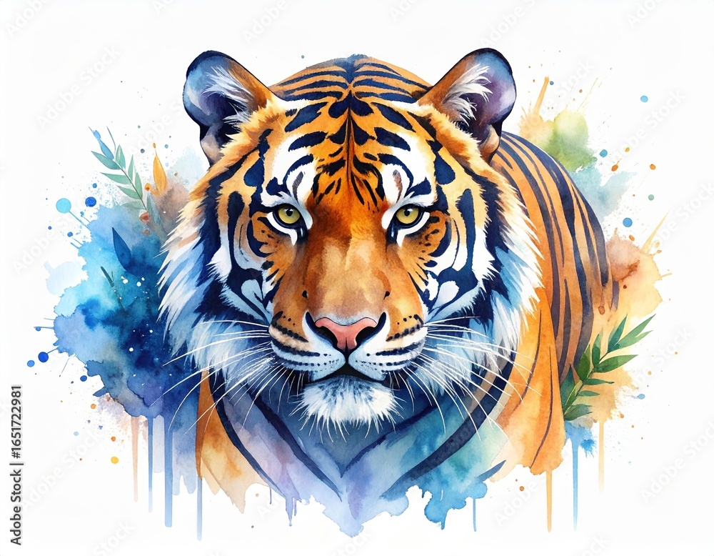 Naklejka premium Whimsical Watercolor Tiger Illustration with Abstract Splashes and Ink Wash Technique