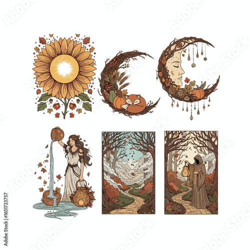 Autumn-themed illustrations featuring sunflowers, crescent moons, a woman pouring water, a fox, and a forest path.