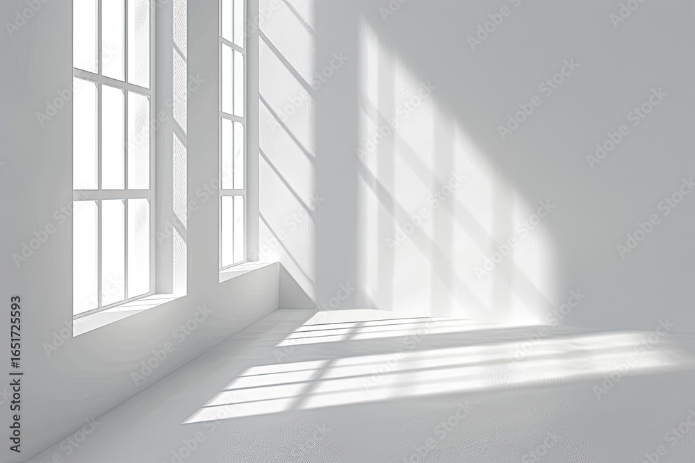 Obraz premium Sunlit corner room, empty, white walls, window light, minimalist design, interior background