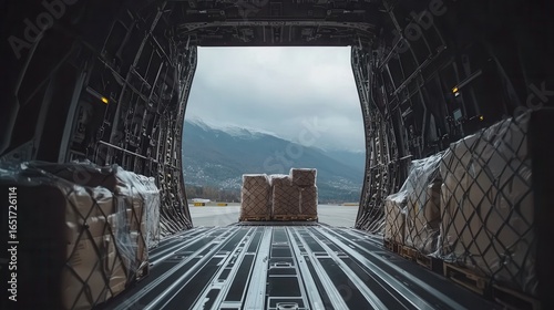 Cargo Loading Area of Military Transport Aircraft in Dramatic Landscape