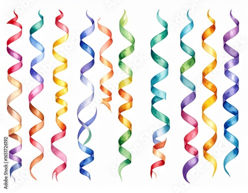 Watercolor cascade of festive streamers on white, celebration party decor