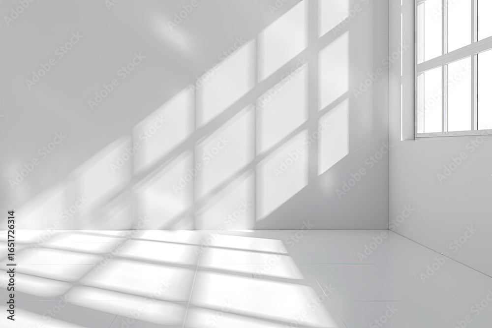 Obraz premium Sunlit empty room corner, white walls, floor, large window, minimalist design, background for product display