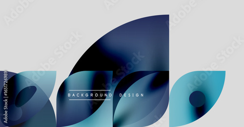 Abstract flowing shapes, blue hues dominate. Minimalist design with text elements, modern aesthetic. Light gray background provides contrast.