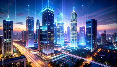 Fototapeta Naklejka Na Ścianę i Meble -  Dynamic Cityscape At Night Featuring Illuminated Skyscrapers Connected By Digital Lines Across A Vivid Sky