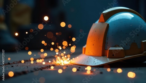 Close-up of a hard hat and welding sparks near metal , protective gear, manufacturing