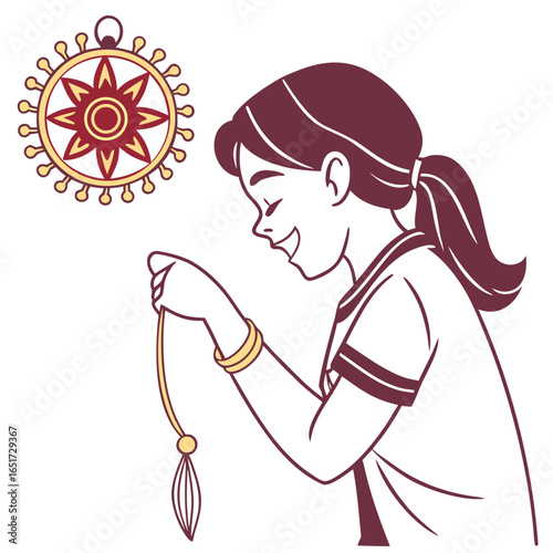 A young girl with a ponytail and a smile holds a golden pendant with a tassel looking at it with joy and anticipation