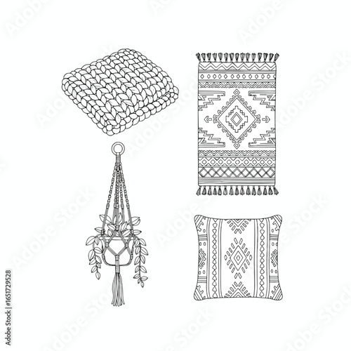 Line art illustration featuring a knitted blanket, a patterned rug, a macrame plant hanger with plant, and a decorative pillow.