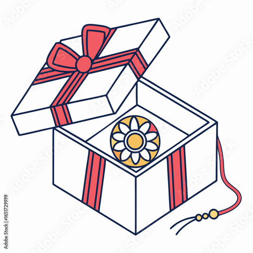 An open gift box with a red ribbon and bow reveals a colorful rakhi bracelet inside symbolizing raksha bandhan celebrations and sibling love