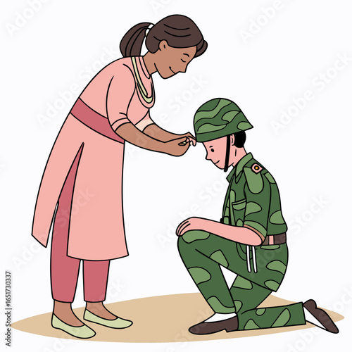 A woman in traditional clothing gently places a tilak on the forehead of a kneeling soldier in camouflage uniform showing respect and blessings