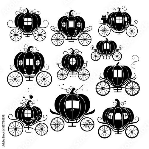 Black pumpkin carriage silhouettes on a plain backdrop, perfect for fairytale themes, halloween designs