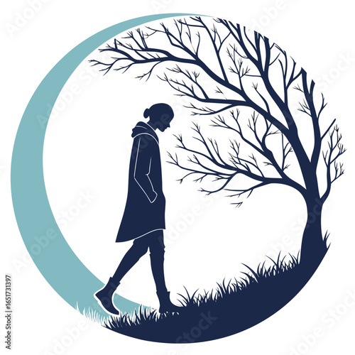 Silhouette of a person walking through a circular landscape with a bare tree and crescent moon symbolizing introspection and nature