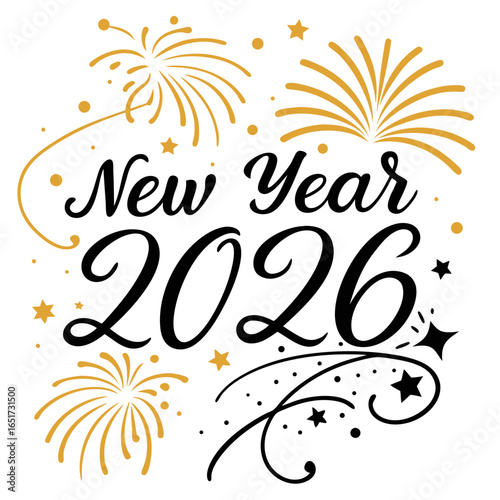 Celebrate the arrival of the new year 2026 with festive golden fireworks and sparkling stars in this elegant graphic design