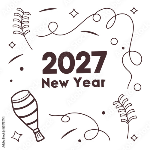 Celebrate the arrival of the new year 2027 with festive decorations including confetti streamers and a party popper illustration