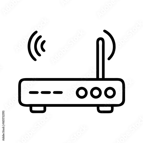 Illustration of a black outline router with antenna and wifi signal on a white background network device