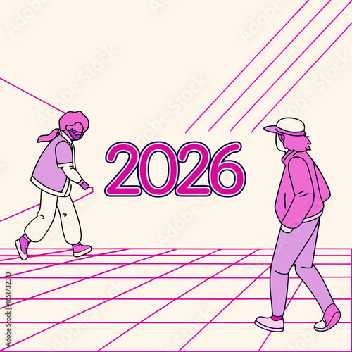 Two stylishly dressed individuals walk towards the year 2026 in a retro futuristic grid landscape with neon pink lines