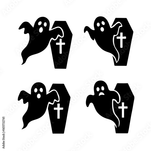 Spooky black ghost and coffin pattern for Halloween celebration, offering a festive and eerie design element for themed projects and seasonal decorations