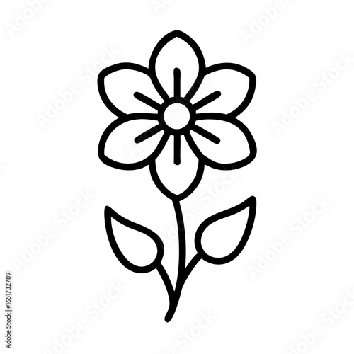 Simple black outline drawing of a flower with five petals and two leaves on a stem design element
