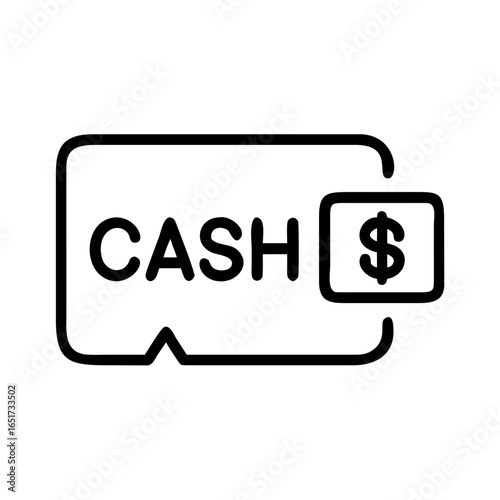 Illustration of a cash icon with a dollar sign in a box with a black outline on a white background