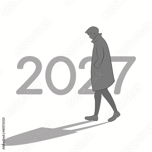 A lone figure in a coat walks towards the year 2027 casting a long shadow symbolizing the passage of time and future anticipation