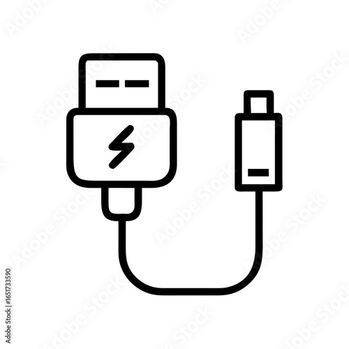 Illustration of a usb cable with a lightning bolt symbol on the connector and a usb type a connector on the end