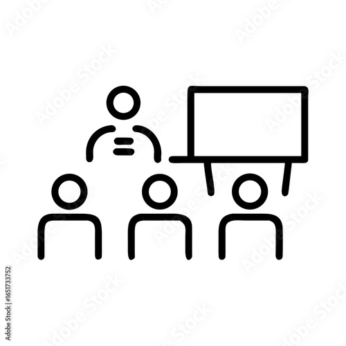 Illustration of a meeting with a presenter and three attendees in a simple black and white line art style