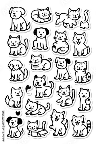 Dog and Cat Sticker Collection—Hand-Drawn Pet Doodles with Bold Outlines.