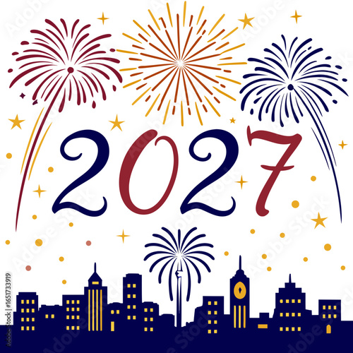 Celebrate the arrival of the new year 2027 with a vibrant city skyline illuminated by colorful fireworks and sparkling stars
